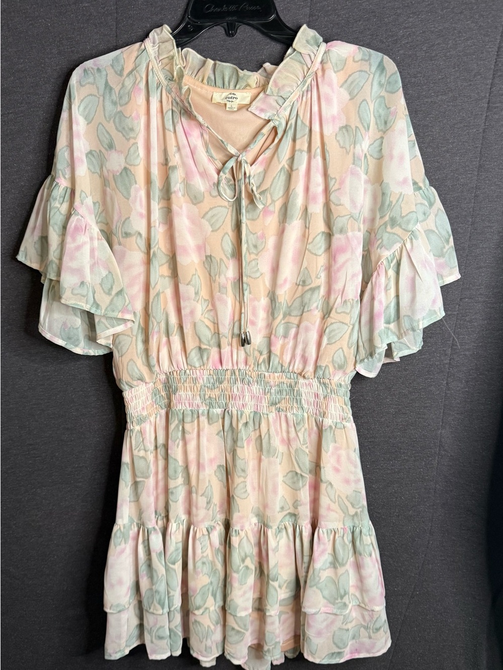 entro Pastel Floral Ruffle Tie-Neck Mini Dress in Pink and Sage